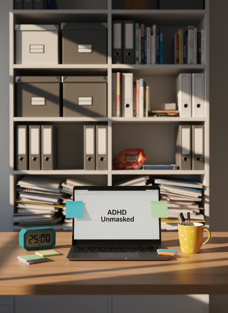 A meticulously organized, modern home office desk seen from an eye-level angle, with a sleek matte-black laptop open to a minimal text document titled “ADHD Unmasked.” Around it, color-coded sticky notes, a bold teal timer, and a bright yellow ceramic mug sit on a light oak surface. The background shows a softly blurred bookshelf divided between tidy labeled storage boxes and one chaotic shelf overflowing with notebooks and loose papers. Late-afternoon natural light pours in from an unseen window, casting sharp, graphic shadows that emphasize contrast between order and disorder. Photographic realism with a clean, editorial aesthetic, shallow depth of field, and a bold, energetic mood that visually represents the invisible mental load of ADHD without showing any people.