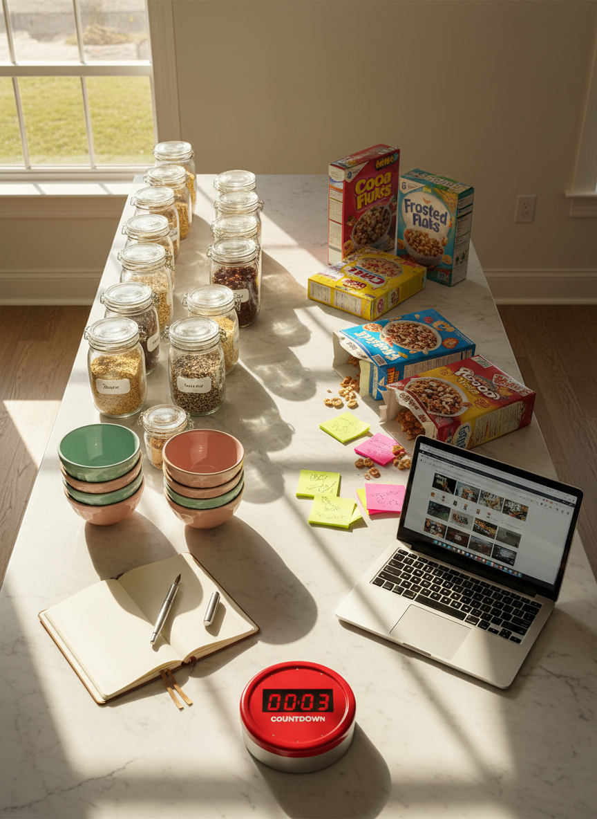 An overhead, photographic realism view of a kitchen island divided into two halves: one side obsessively organized with labeled glass jars, neatly stacked pastel ceramic bowls, and a single, perfectly aligned notebook with a pen. The other side is a bold explosion of cereal boxes, half-written sticky notes, a laptop with multiple tabs visible, and a bright red timer mid-countdown. Natural daylight beams in from a side window, creating crisp highlights and shadows that exaggerate the contrast between both halves. The composition follows a strong central dividing line, evoking the push-pull of masking and inner chaos, with an editorial, high-contrast, modern mood and sharp focus throughout.