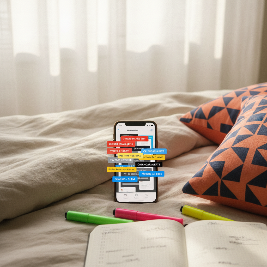 A close-up, photographic realism shot of a smartphone lying on a textured linen duvet, screen lit up with an overflowing reminder list: unread emails, overdue tasks, and calendar alerts overlapping in a visually overwhelming, but stylish UI. Surrounding the phone are scattered highlighters, an open bullet journal with half-finished checkboxes, and a pair of bold, geometric-patterned pillowcases in coral and navy. Soft morning light filters through sheer curtains, casting gentle, hazy shadows and creating a slightly dreamy, introspective atmosphere. Captured from a slightly elevated angle with shallow depth of field, the focus is on the glowing screen, while the surrounding bedroom environment subtly hints at the everyday chaos and emotional weight of living with ADHD in adulthood.
